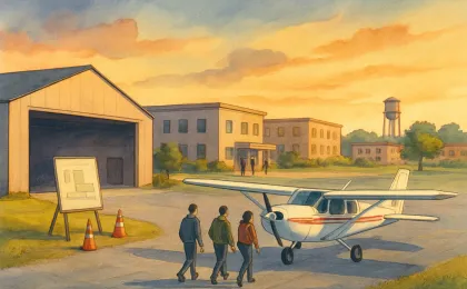 Dusk scene at a regional airport showing a hangar, training activity near aircraft, and nearby apartments representing an aviation education proposal.