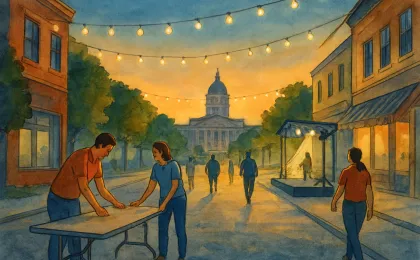 Volunteers set up an outdoor downtown event in Lawrence under string lights, with visitors and a small stage in the background.