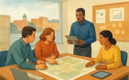 People reviewing planning documents in a civic workspace with city skyline and planning research materials