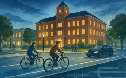 A nighttime street scene showing a separated bicycle lane and implied water and sewer infrastructure beneath the road alongside a municipal building interior lights.