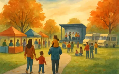 People enjoying an autumn harvest festival at a park with craft booths, food trucks, and live music.