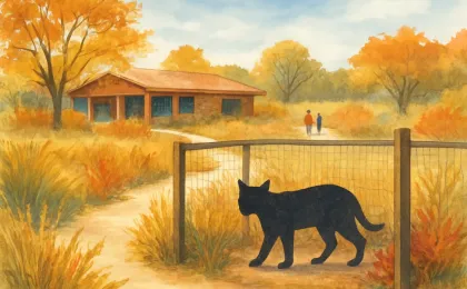A tranquil scene outside a nature center showing a native-outdoor enclosure and a bobcat silhouette with visitors observing from a distance