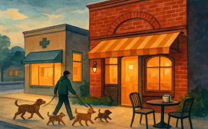 Warm dusk scene in Lawrence with a welcoming storefront, a patio with dogs, and a veterinary-care feel blended with a cafe atmosphere