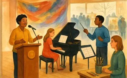 Illustration showing a community arts celebration with music and visual art elements in a winter indoor setting.