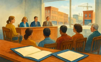 A Kansas town hall meeting scene with residents and city officials preparing to consider a redevelopment financing district.