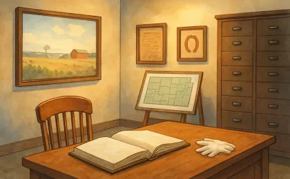 Warmly lit museum gallery scene with a curator’s desk, archival boxes, and framed historical displays