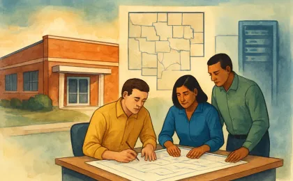 Illustration of local planners reviewing proposed development regulations with county maps and a server-rack concept in the background.