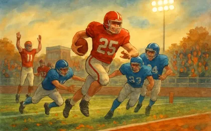 A football player runs through defenders toward the end zone as teammates and fans celebrate in a lit outdoor stadium.