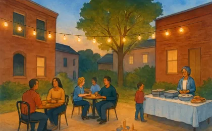 A warm evening illustration of a community courtyard gathering with food tables and children’s game stations.