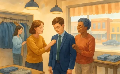 A supportive scene inside a downtown shop as a stylist helps a student select formal clothing with family nearby