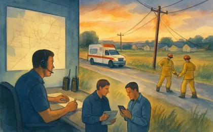 Illustration of rural emergency responders coordinating an ambulance call near a downed power line, with a dispatch room in the background