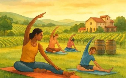 Illustration of a small outdoor Pilates class on a vineyard estate with rolling hills and winery activity in the background