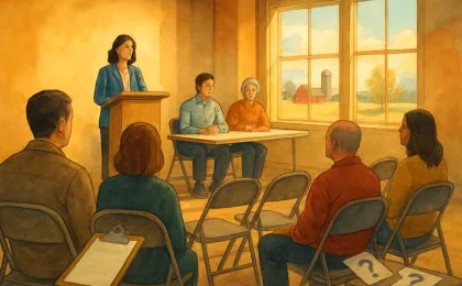A generic illustration of a local community meeting with a podium and attendees preparing for a candidate forum.