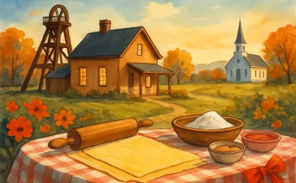 Warm rural Kansas scene showing community school, church, and local heritage alongside a table prepared for Italian cooking.
