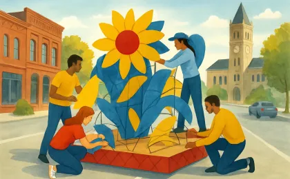 Illustration of students collaborating to assemble a parade float for a university homecoming celebration in a downtown Manhattan street scene
