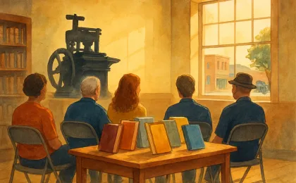 Community members seated in a small library listening to a talk about local newspaper history, with books and a vintage press backdrop