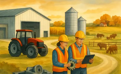 Workers in a rural Kansas setting connect manufacturing equipment to farm operations in an autumn landscape.