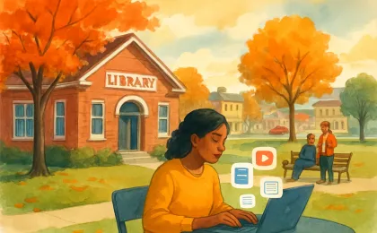 An autumn scene with a community library, a storyteller for family-friendly reading, and a laptop representing free online learning resources.