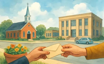 An illustration of a small town church, a garden with flowers, and a remembrance gesture reflecting community service.