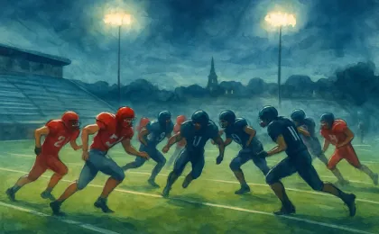 Illustration of a high-school football night under stadium lights with players converging on a field.