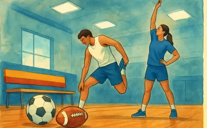 Generic illustration showing soccer and football equipment in a high school sports setting with athletes preparing to play
