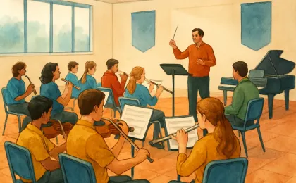 Students and instructors gathered in a college music room for a learning day with instruments and sheet music.