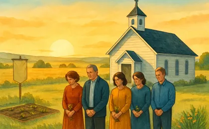 A sunrise memorial gathering in a rural Kansas setting with people holding flowers and the countryside in the background.