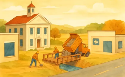 Illustration showing a courthouse, rural bridge work, and an EMS building upgrade in Nemaha County