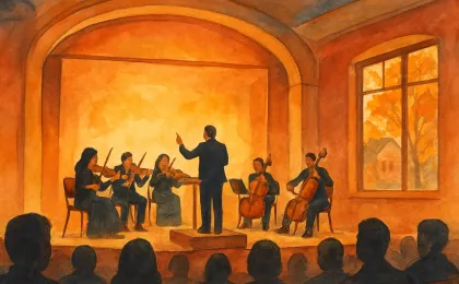 An illustration of an orchestra performing in a cozy concert hall with autumn color accents.