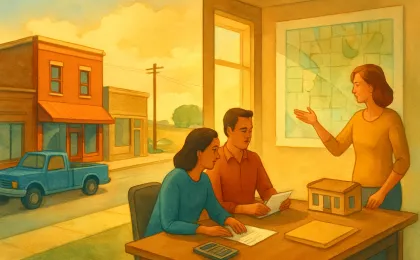 An editorial illustration of rural downtown businesses and a community lending discussion concept for economic development.