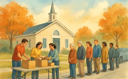 Volunteers organize commodity boxes outside a neighborhood worship center while community members wait orderly in line.
