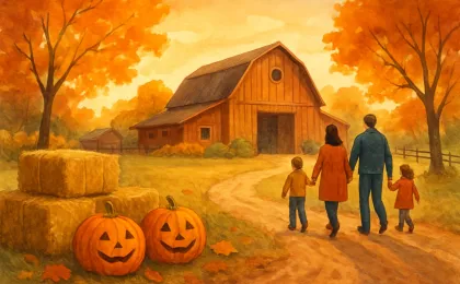 Families enjoying an autumn pumpkin patch scene at a rural Kansas venue