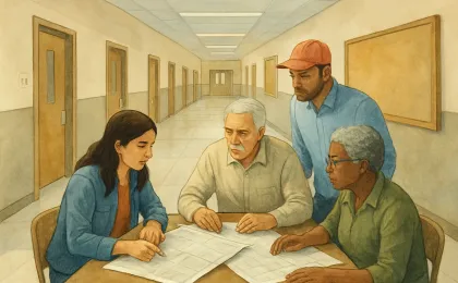 Illustration of a quiet school hallway with community members reviewing paperwork at a table.