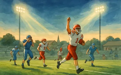 Illustration of a night-time 6-man football touchdown celebration under stadium lights.