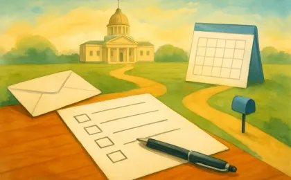 A voter planning scene with a calendar and envelope beside a quiet civic building backdrop, representing registration and early voting timelines.