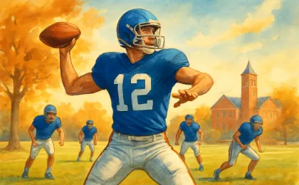 A dynamic illustration of a college quarterback throwing a football with teammates nearby under warm fall light