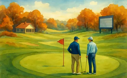 Illustration of two college golfers on a fall golf course near the putting green and flag, with a distant clubhouse and trees.