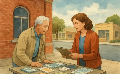 A counselor and senior review health plan materials at a community table outside a brick building.
