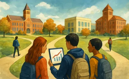 Students walking through a university campus with a tablet displaying a non-labeled enrollment trend graphic and diverging paths representing changing enrollment mix