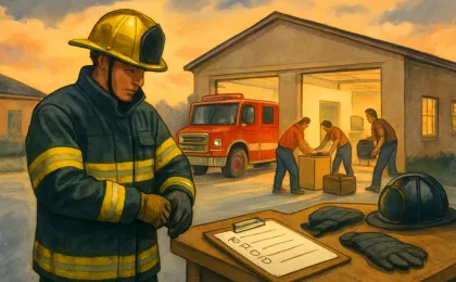 Volunteers organize and prepare emergency equipment at a small fire station with a fire truck in the background.