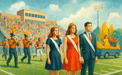 Students in formal attire on a football field during homecoming festivities with a festive, parade-like scene in the background.
