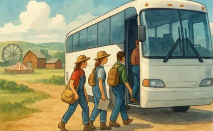 A rural scene showing students preparing to board a bus near farm buildings and fields.