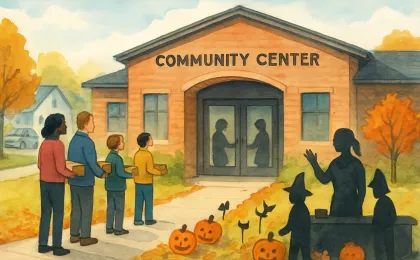 Community center food pickup line and a family-friendly Halloween event setup in a small Kansas town setting.