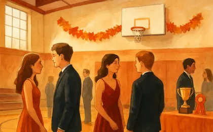 Students dressed for fall homecoming gather inside a decorated high school gym with autumn decorations.