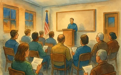 Residents gather in a town-hall meeting space facing a podium area for a public forum