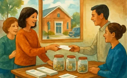 Neighbors gather around a donation table, with a simple library building in the background, symbolizing community fundraising for a local library.