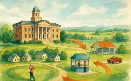 Illustration of Reno County considering a guest tax, with a golf resort, small lodging buildings, and tourism marketing support depicted visually