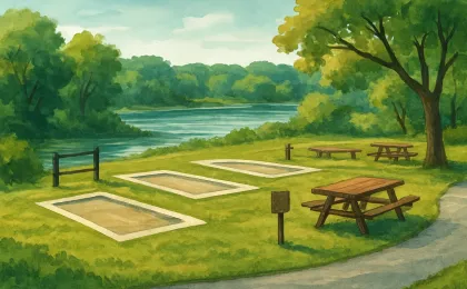 Illustration of Riverfront Park campgrounds preparing to reopen by a calm river after a safe crest.
