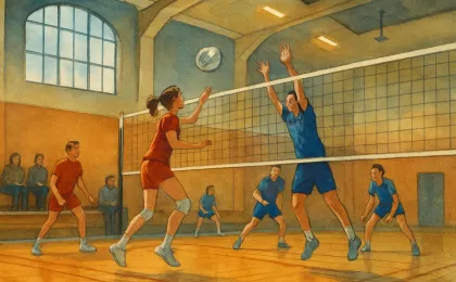 Illustration of a community high school gym volleyball tournament with players rallying at the net and spectators watching.