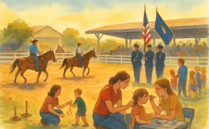 A welcoming community rodeo scene at a fairgrounds with equine riders, families playing nearby, and a flag presentation moment in the background.